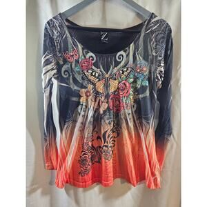 Zavaro Beautiful Colorful Long Sleeve Top With Butterfly Size Small